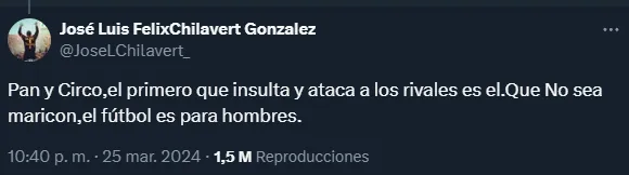 La publicación de Chilavert sobre Vinicius que sembró la polémica (Twitter @JoseLChilavert_).