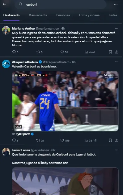 El impacto del debut de Valentín Carboni (Twitter).