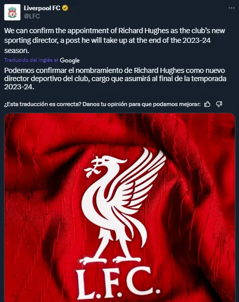 Richard Hughes, nuevo director deportivo del Liverpool (Twitter @LFC).