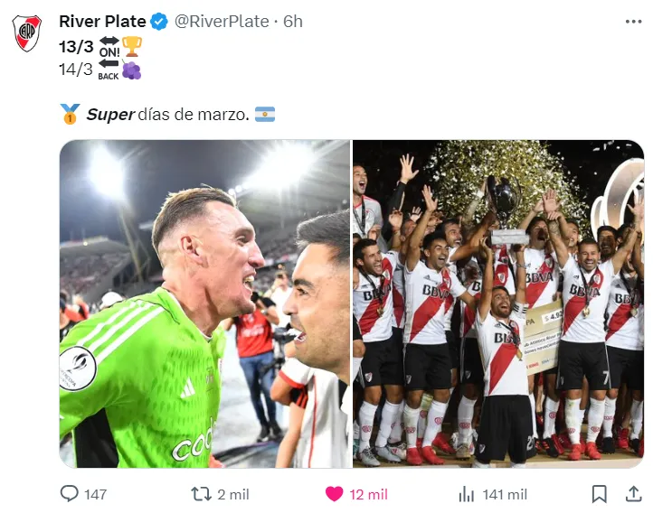 River le ganó 2 a 0 a Boca en marzo de 2018 y conquistó la Supercopa Argentina.