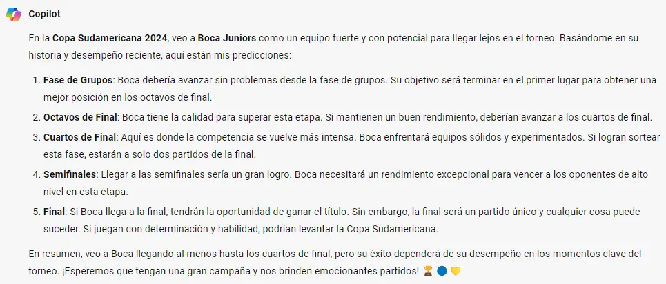 La Inteligencia Artificial de Microsoft asegura que Boca llegará hasta cuartos de la Sudamericana (Copilot)