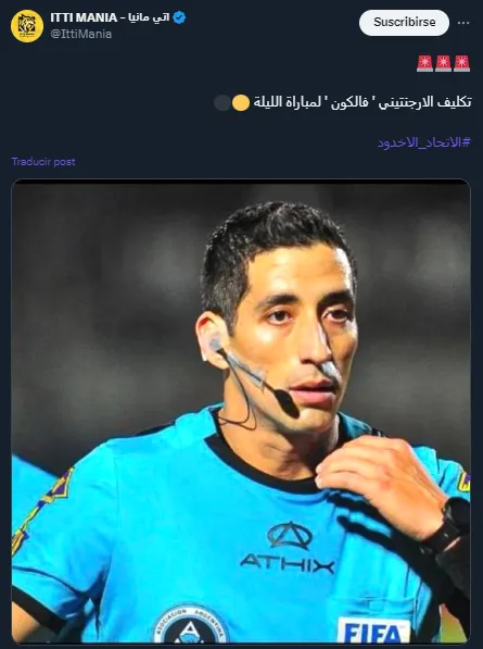 Yael Falcón Pérez, designado para el partido Al Ittihad vs. Al Okhdood (Twitter @IttiMania).