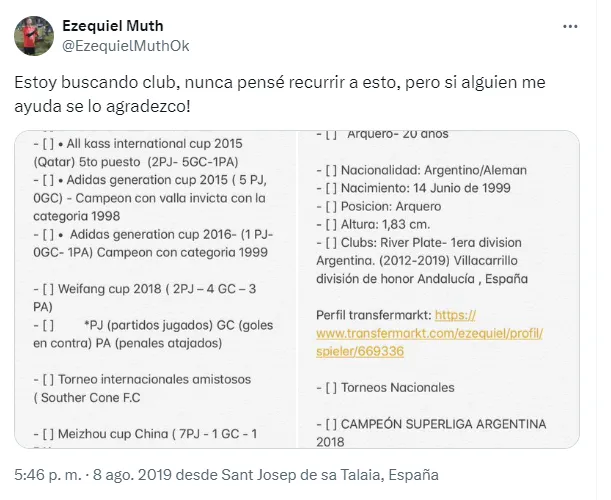 El posteo de Ezequiel Muth buscando club.