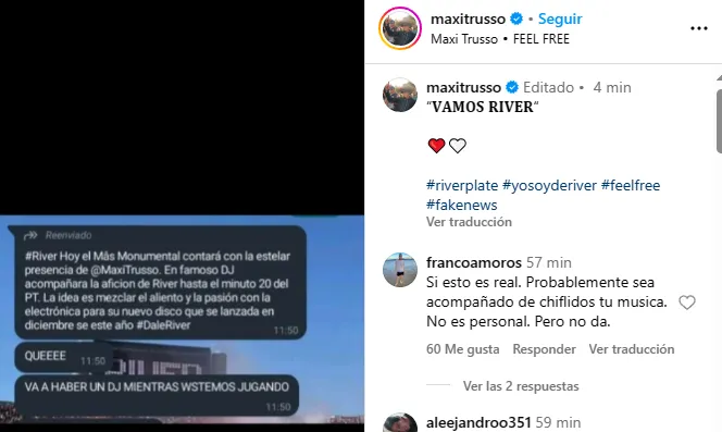 La publicación borrada por Maxi Trusso que comprueba la ‘fake news’ (Instagram @maxitrusso).