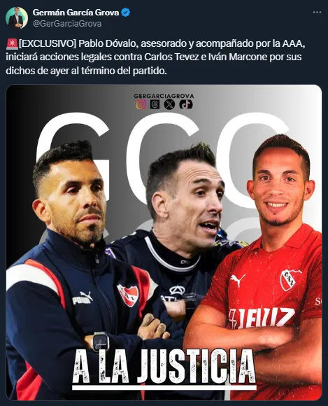 Dóvalo lleva a la Justicia a Tevez y Marcone (Twitter @GerGarciaGrova).