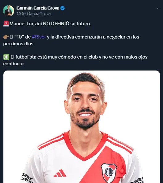 Lanzini tiene intenciones de seguir en River (Twitter @GerGarciaGrova).