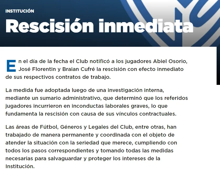 El comunicado de Vélez. (Foto: Prensa Vélez).