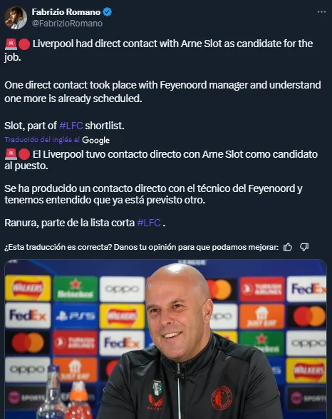 Arne Slot ya tuvo contactos con Liverpool (Twitter @FabrizioRomano).