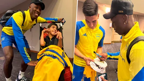 Advíncula, junto al niño hincha de Boca, quien se llevó la camiseta firmada por todos los jugadores.