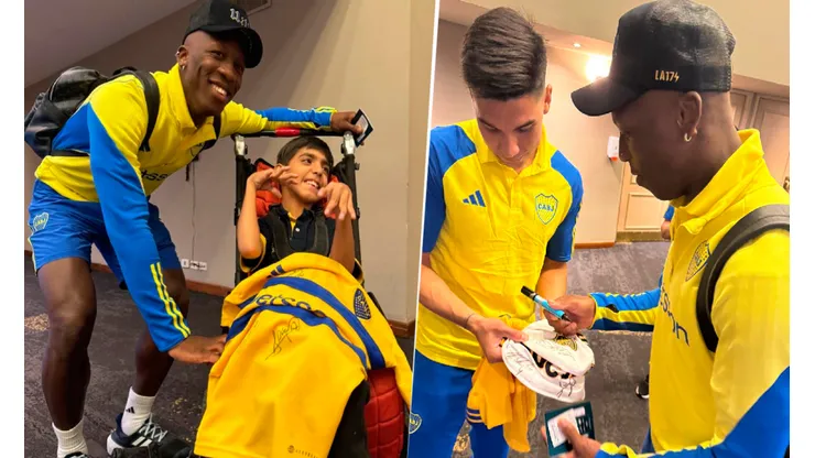 Advíncula, junto al niño hincha de Boca, quien se llevó la camiseta firmada por todos los jugadores.