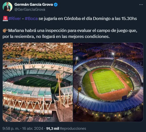 La sede, el día y el horario del River vs. Boca (Twitter @GerGarciaGrova).