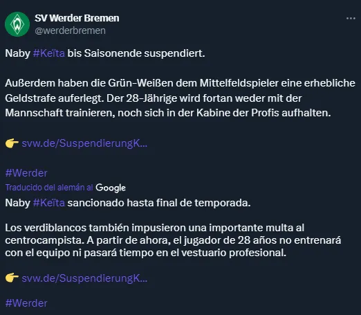 La sanción a Naby Keita del Werder Bremen (Twitter @werderbremen).