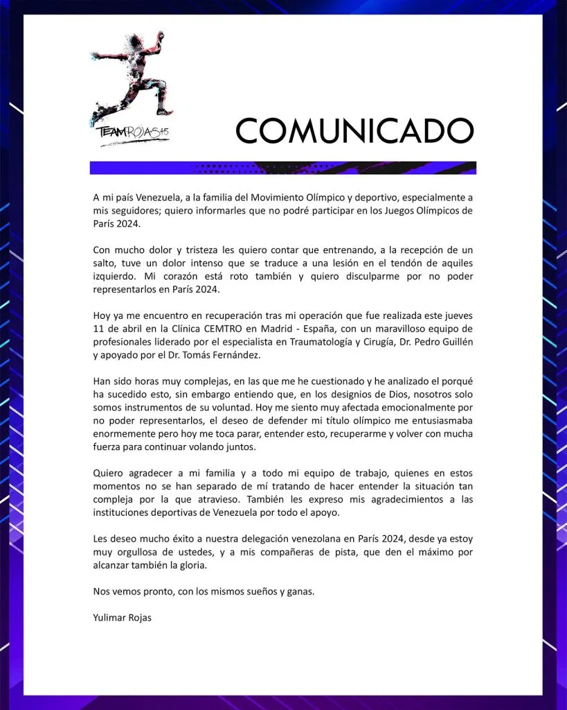 El comunicado de Yulimar Rojas.