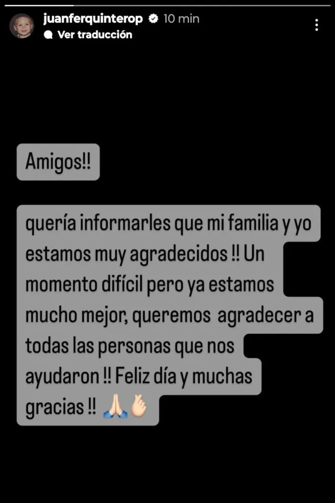 El mensaje de Juanfer Quintero en su cuenta de Instagram.