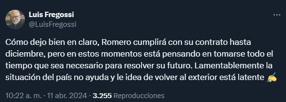 La situación país, un motivo para la posible salida de Romero de Boca (Twitter @LuisFregossi).