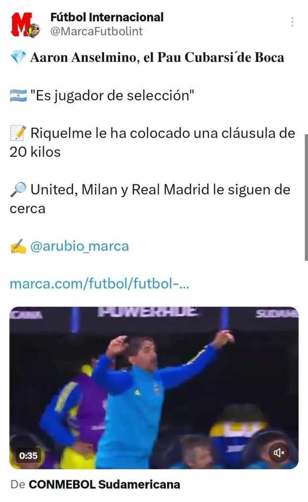 La publicación del diario Marca que destacó la actuación de Aaron Anselmino.