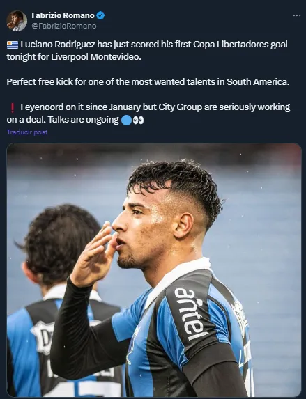 Luciano Rodríguez, en negociaciones con el City Group y Feyenoord (Twitter @FabrizioRomano).