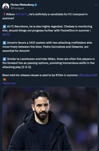 Rúben Amorim, pretendido por Liverpool y bien visto por Barcelona y Chelsea (Twitter @Plettigoal).