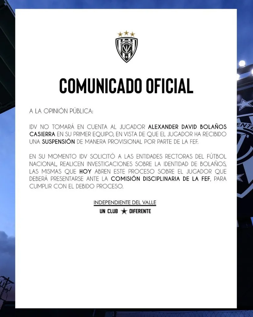 El comunicado de IDV por la suspensión de Alex Bolaños (Oficial)