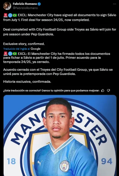 Sávio jugará en Manchester City (Twitter @FabrizioRomano).
