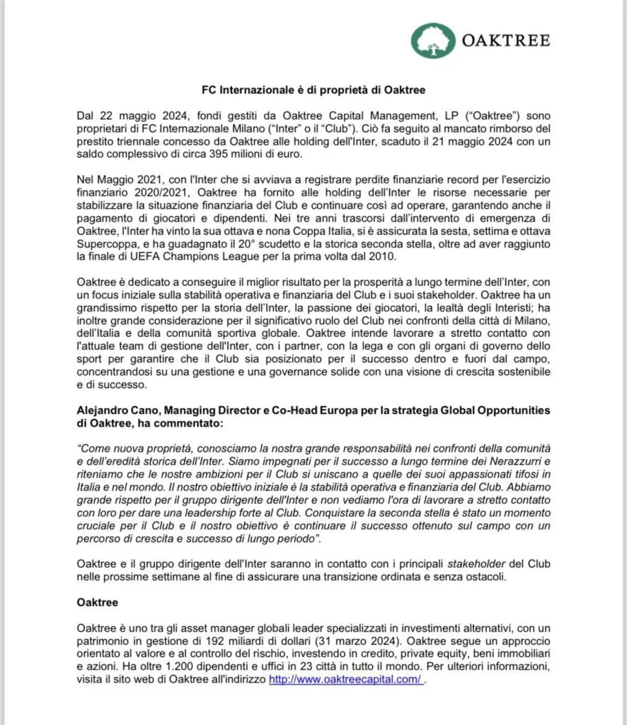 El comunicado oficial de Oaktree como nuevo dueño de Inter (Oficial).
