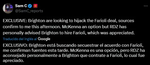 Farioli, el recomendado por De Zerbi para Brighton (X @SamC_reports).