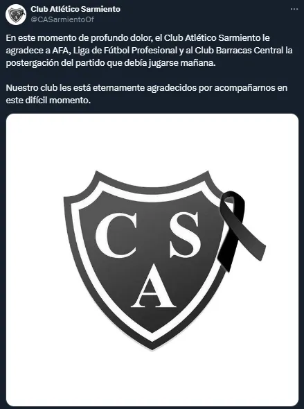 Sarmiento confirmó la suspensión del partido ante Barracas (Twitter @CASarmientoOf).