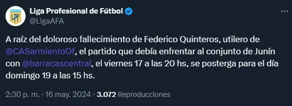 La nueva fecha y horario para el partido (Twitter @LigaAFA).