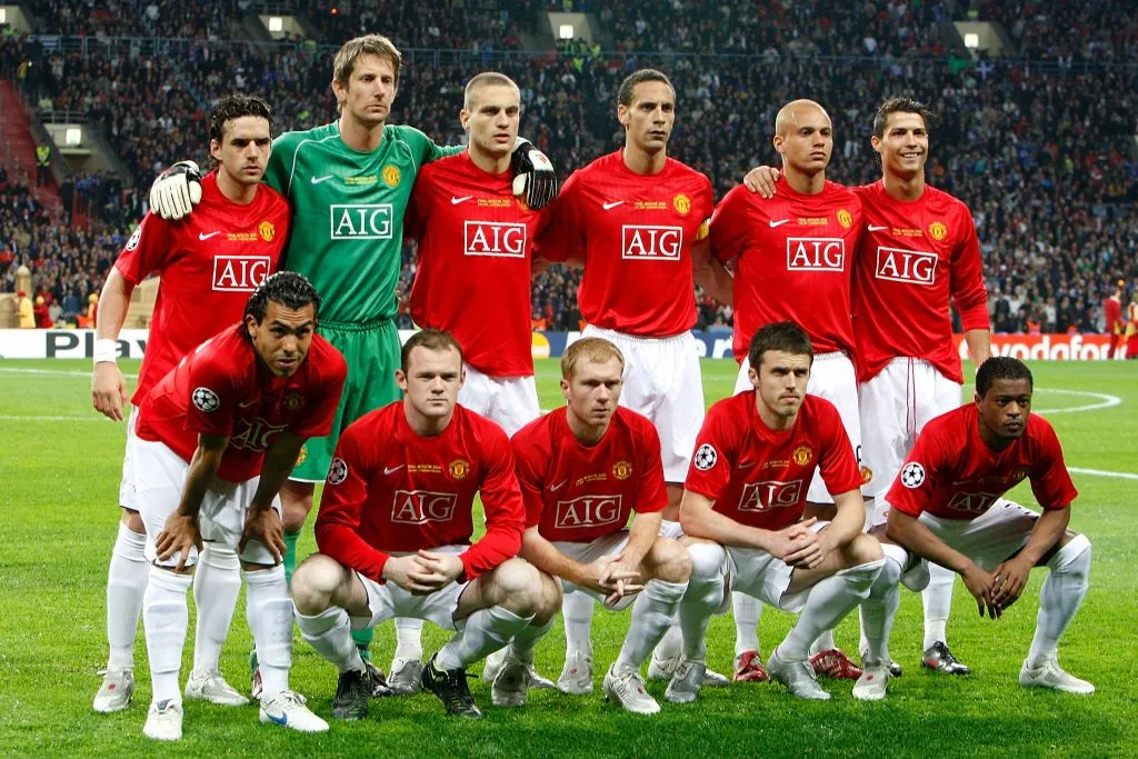 Hargreaves, van der Sar, Vidic, Ferdinand, Brown, Cristiano Ronaldo, Tévez, Rooney, Scholes, Carrick y Evra, el último Manchester United ganador de Champions League.