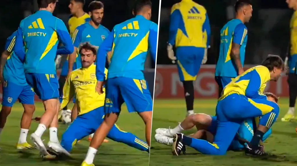 Momento viral en el entrenamiento de Boca. (Foto: Captura)