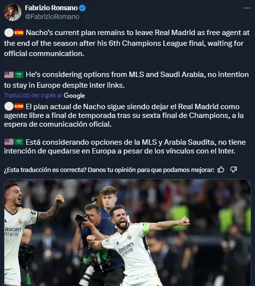 Nacho piensa en su salida a la MLS o a Arabia Saudita (Twitter @FabrizioRomano).