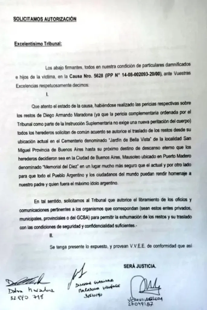 El escrito presentado por las hijas de Diego Maradona.