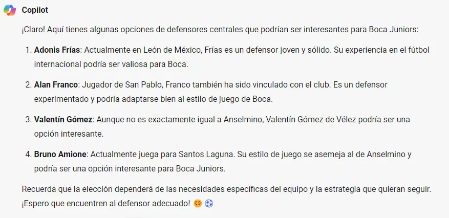 Las recomendaciones de la IA para Boca para reemplazar a Anselmino (Copilot).