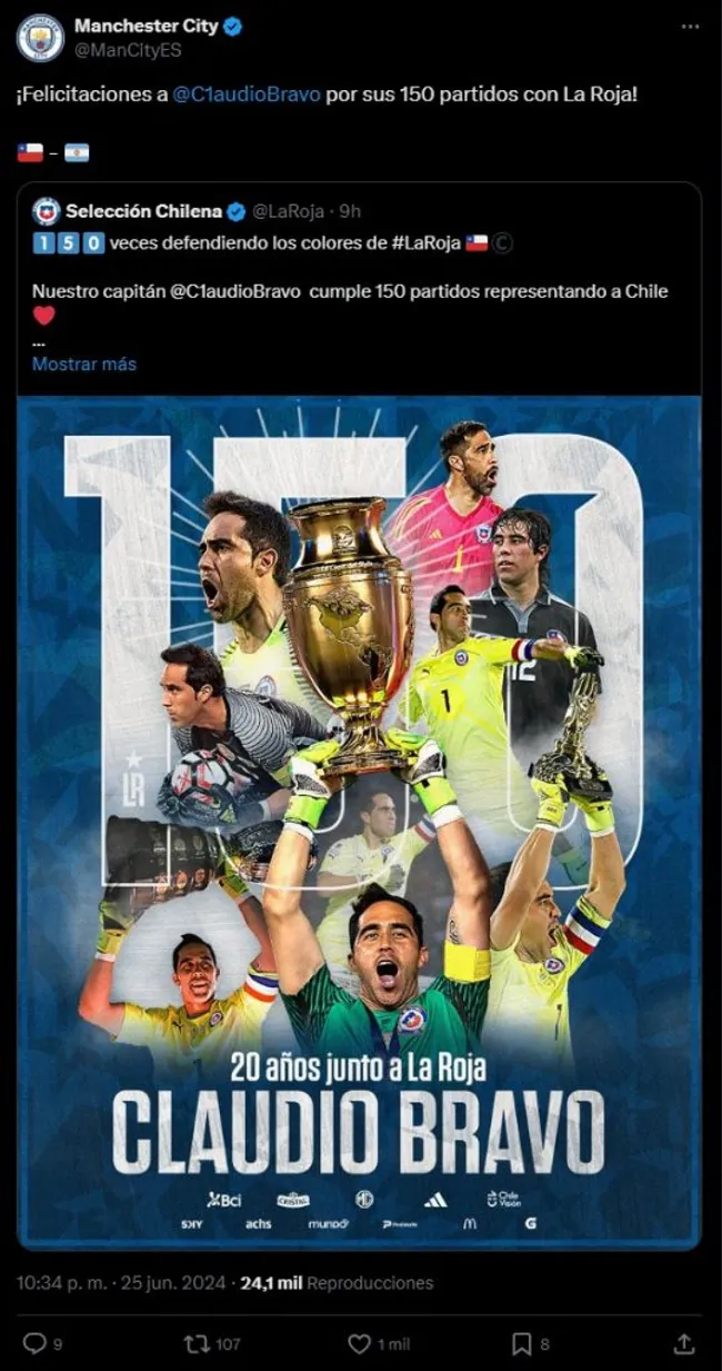Manchester City destacó a Claudio Bravo por sus 150 partidos con Chile.