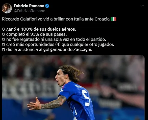 Los analistas, sorprendidos con el rendimiento de Calafiori en la Eurocopa 2024 con Italia.