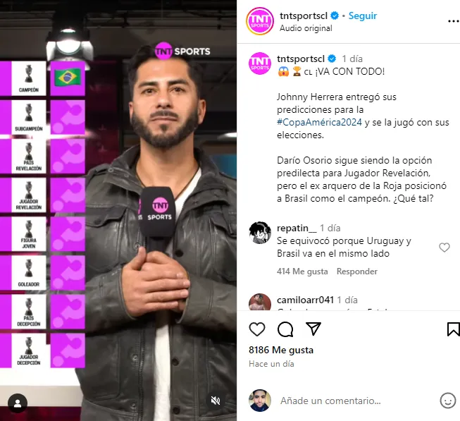 Herrera dio su predicción para la Copa América (Instagram @tntsportscl).
