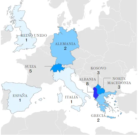 Mapa de las proveniencias de cada jugador de Albania (vía The Telegraph)