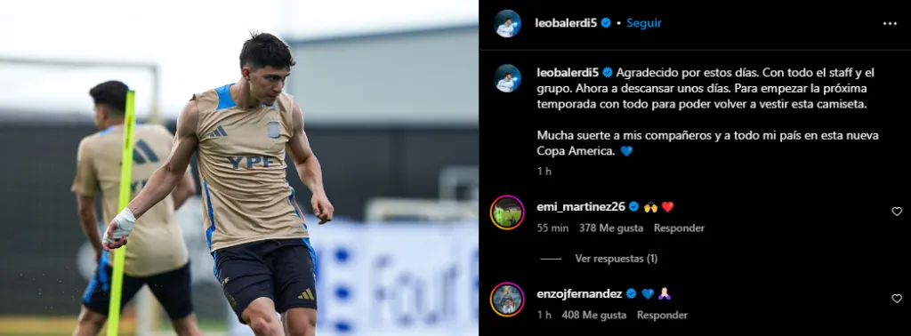 Posteo de Leo Balerdi en Instagram (Captura)