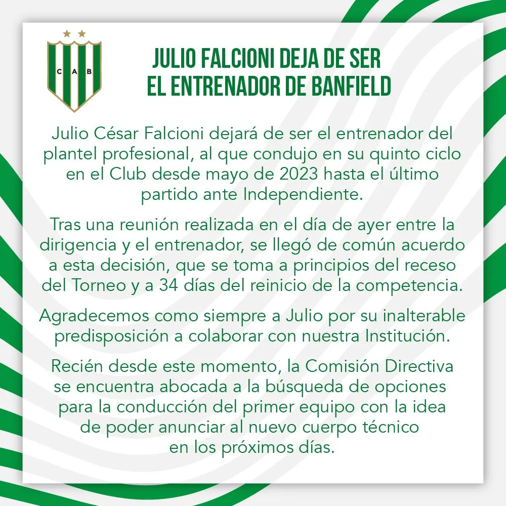 El comunicado oficial de Banfield por la salida de Falcioni (X @CAB_oficial).