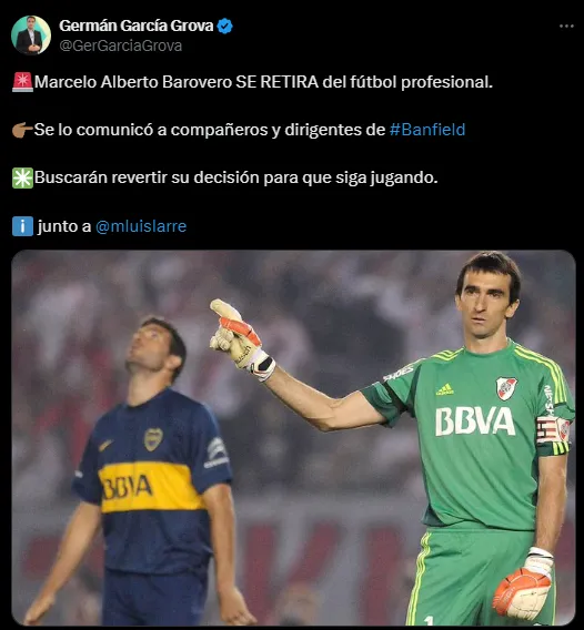 La decisión del retiro para Barovero (Twitter @GerGarciaGrova).
