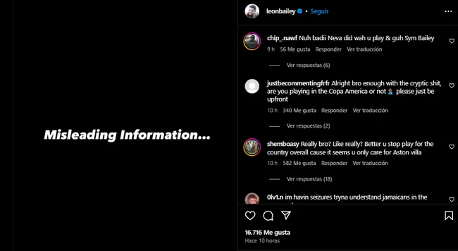 El posteo de Leon Bailey tras anunciarse su convocatoria a la Selección.