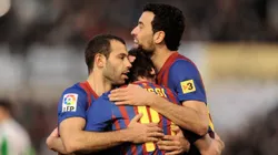 Javier Mascherano junto a Lionel Messi y Sergio Busquets en Barcelona (Getty Images)