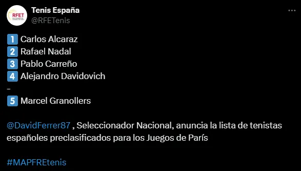 Los tenistas elegidos para los Juegos Olímpicos (X @RFETenis).