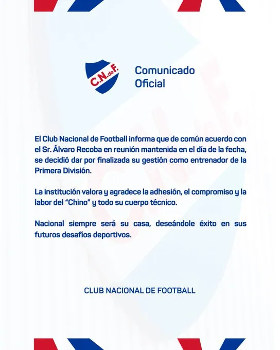 Comunicado de Nacional sobre la destitución de Álvaro Recoba (@Nacional)