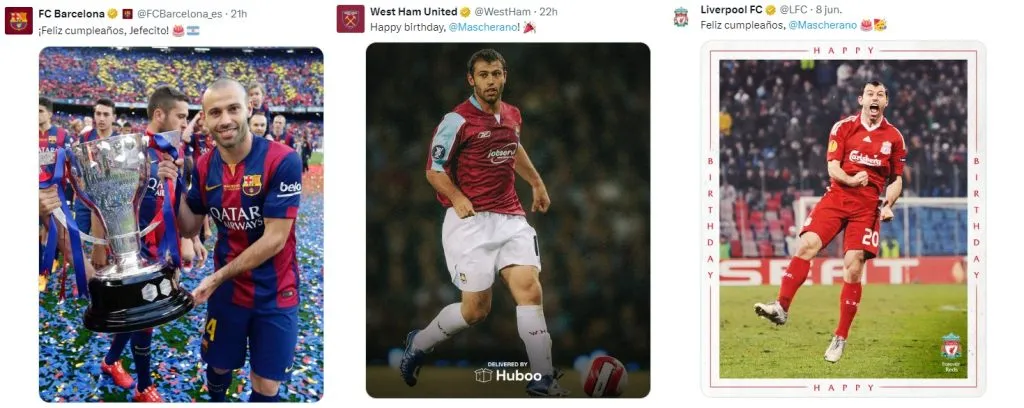 Los saludos a Javier Mascherano por su cumpleaños 40 del Barcelona, West Ham y Liverpool.