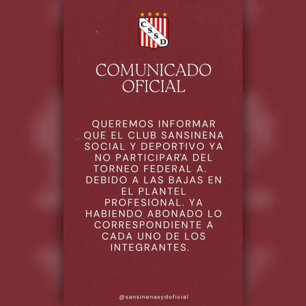 El comunicado oficial de Sansinena.