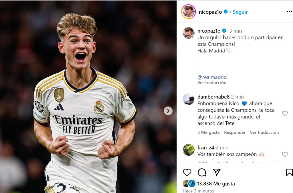 El posteo de Nico Paz en Instagram.