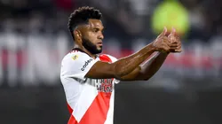 BUENOS AIRES, ARGENTINA - JULY 21: Miguel Borja of River Plate gestures during a match between River Plate and Gimnasia y Esgrima La Plata as part of Liga Profesional 2022 at Estadio Monumental Antonio Vespucio Liberti on July 21, 2022 in Buenos Aires, Argentina. (Photo by Marcelo Endelli/Getty Images)