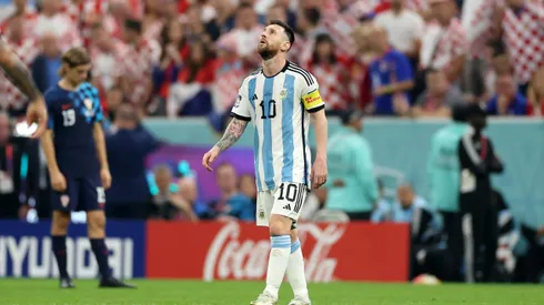 LUSAIL CITY, QATAR - DECEMBER 13: Lionel Messi of Argentina reacts during the FIFA World Cup Qatar 2022 semi final match between Argentina and Croatia at Lusail Stadium on December 13, 2022 in Lusail City, Qatar. (Photo by Lars Baron/Getty Images)