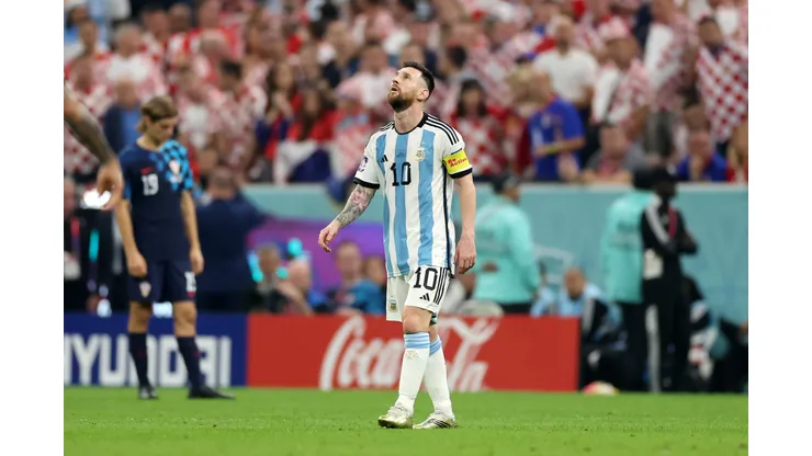 LUSAIL CITY, QATAR - DECEMBER 13: Lionel Messi of Argentina reacts during the FIFA World Cup Qatar 2022 semi final match between Argentina and Croatia at Lusail Stadium on December 13, 2022 in Lusail City, Qatar. (Photo by Lars Baron/Getty Images)